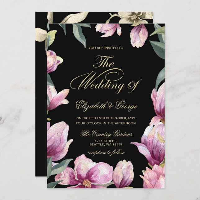 Floral Purple Black and Gold wedding Invitation (Front/Back)