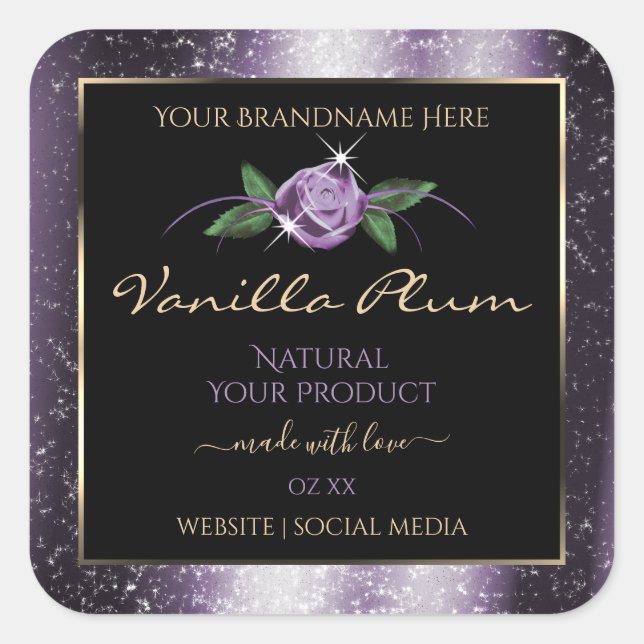 Floral Purple Black Product Labels Soft Glitter (Front)