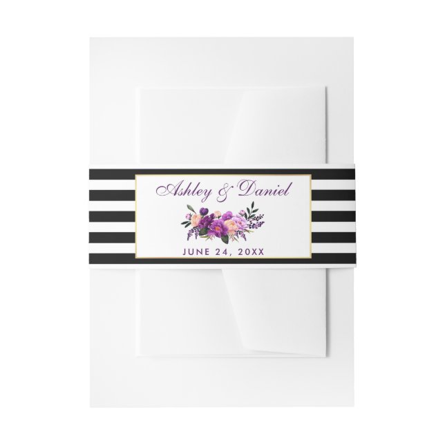 Floral Purple Black Stripes Wedding Invitation Belly Band (Front Example)