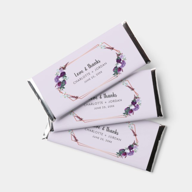 Floral Purple Bloom Geometric Script Wedding Hershey Bar Favors (Front)