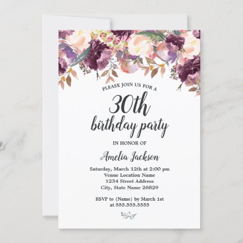 Floral Purple Bloom Watercolor 30th Birthday Party Invitation