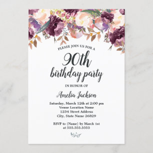 Floral Purple Bloom Watercolor 90th Birthday Party Invitation