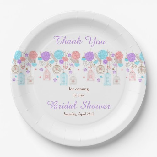 Floral Purple  Blue Bird Cages Bridal Shower Paper Plates