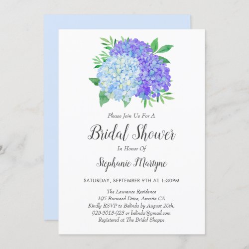 Floral Purple Blue Hydrangea Bouquet Bridal Shower Invitation