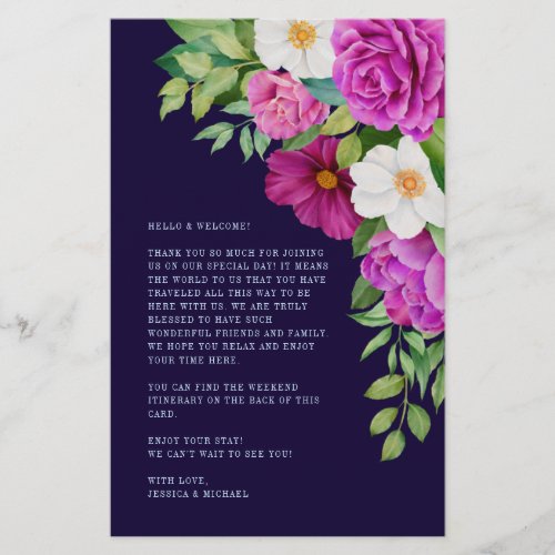 Floral Purple Blue Wedding Welcome Itinerary