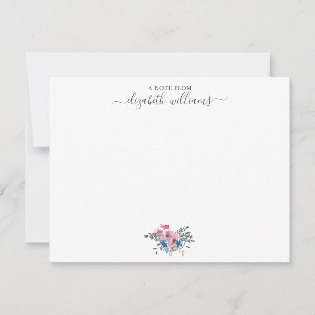 Floral Purple Blush Pink Blue Botanical Script Note Card (Front)