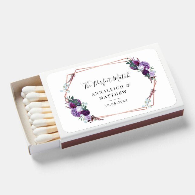Floral Purple Botanical Geometric Wedding Favor Matchboxes (Front Open)