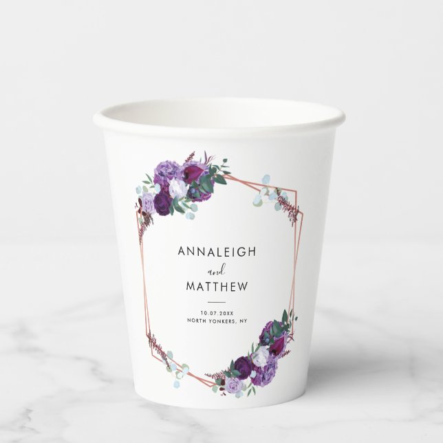 Floral Purple Botanical Wedding Party Paper Cups (Front)