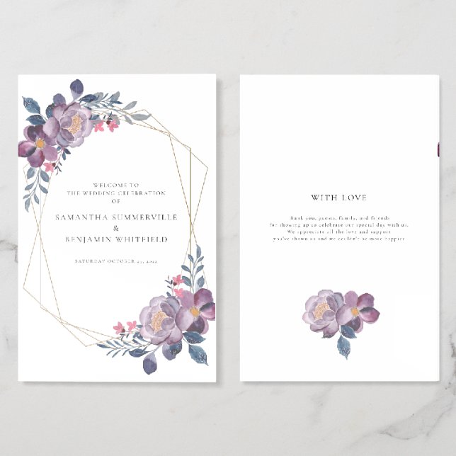 Floral Purple Botanical Wedding Program Brochure (Folded Front and Back)