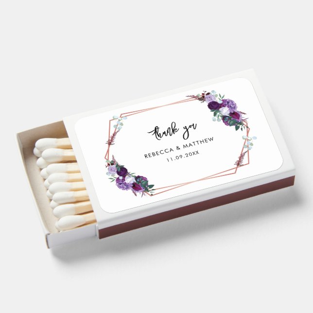 Floral Purple Botanical Wedding Thank You Favor Matchboxes (Front Open)