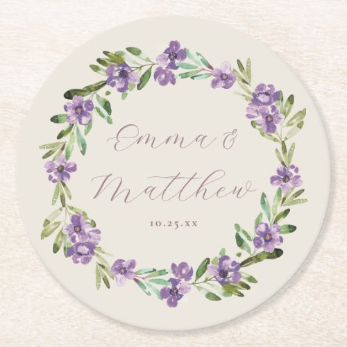 Floral Purple Botanical Wreath Wedding Monogram Round Paper Coaster