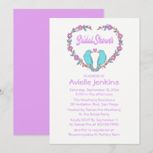 Floral Purple Bridal Shower Lovebird Heart Wedding Invitation