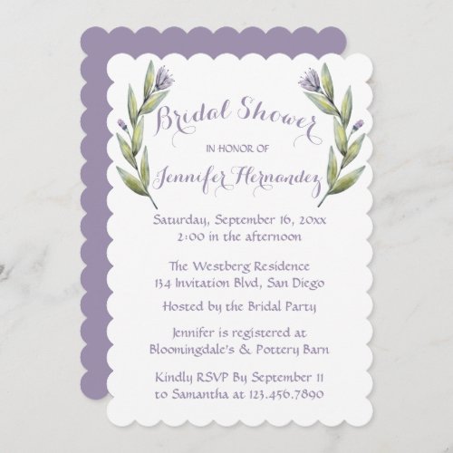 Floral Purple Bridal Shower Watercolor Leaves Invitation