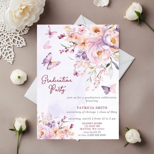 Floral Purple Butterflies Photo Graduation Party