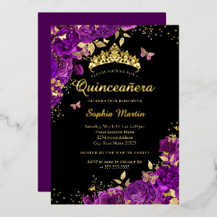 Floral Purple Butterfly Gold Elegant Quinceanera  Foil Invitation