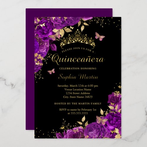 Floral Purple Butterfly Gold Elegant Quinceanera  Foil Invitation