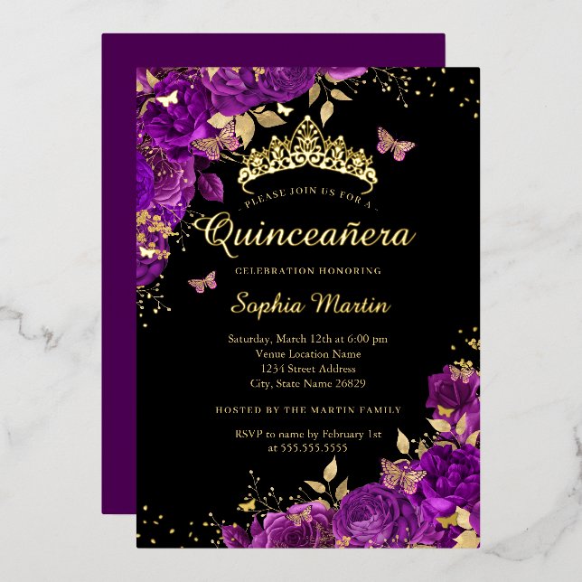 Floral Purple Butterfly Gold Elegant Quinceanera  Foil Invitation (Front/Back)