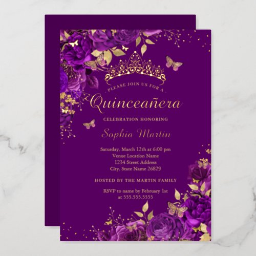 Floral Purple Butterfly Gold Quinceanera  Foil Invitation