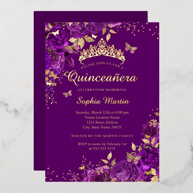 Floral Purple Butterfly Gold Quinceanera  Foil Invitation (Front/Back)