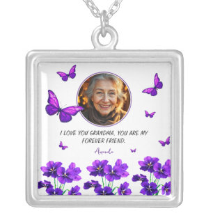 Floral Purple Butterfly Grandma Photo Silver Plated Necklace