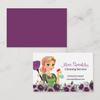 Floral Purple Cartoon Maid House Cleaning Service Business Card | Zazzle