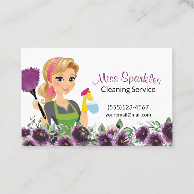 Floral Purple Cartoon Maid House Cleaning Service Business Card | Zazzle