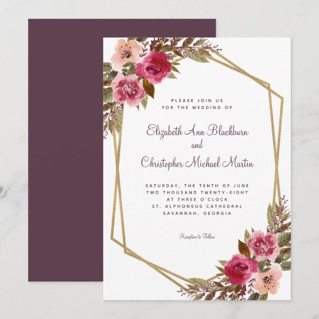 Floral Purple Cassis Wedding Chic Gold Frame Invitation (Front/Back)