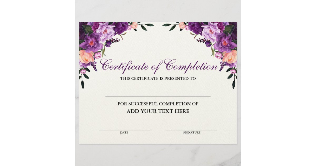 Floral Purple Certificate of Completion | Zazzle.com