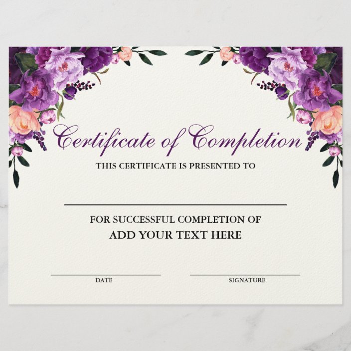 Floral Purple Certificate of Completion | Zazzle.com