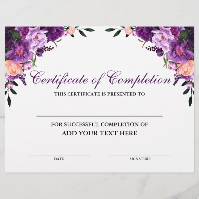 Floral Purple Certificate of Completion (Front)