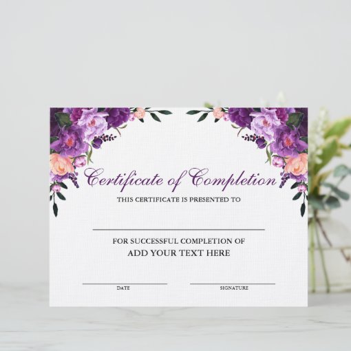 Floral Purple Certificate of Completion | Zazzle