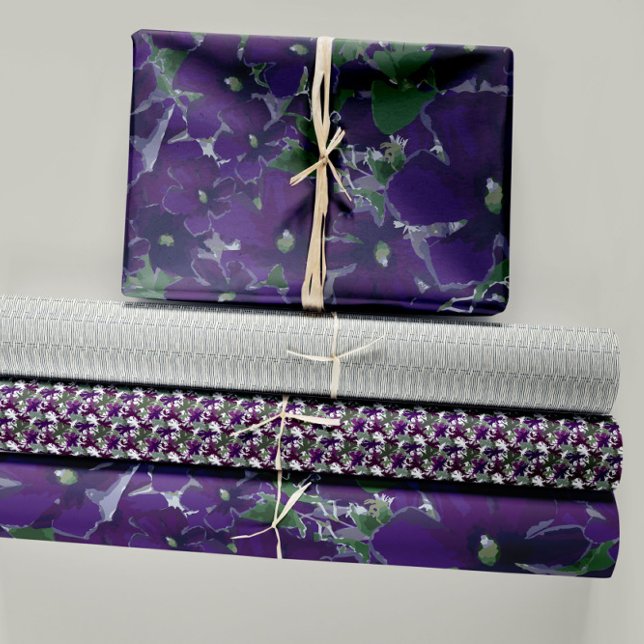 Floral Purple Clematis Trio Decoupage Gift Wrapping Paper Sheets (Clematis Pretty Modern Chic Purple Vine Florals Wrapping Paper Sheets. Jenn Steffen-Studio Posies.)
