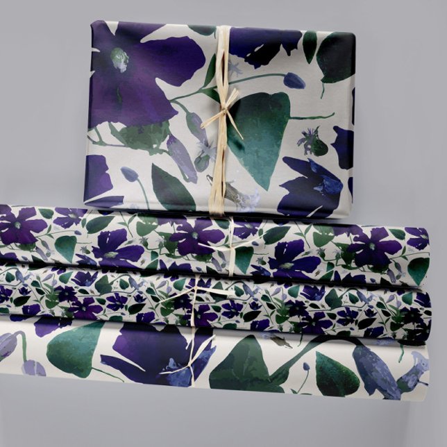 Floral Purple Clematis Trio Decoupage Gift Wrapping Paper Sheets (Elegant Purple Floral Pattern Wrapping Paper Sheets. Jenn Steffen-Studio Posies.)