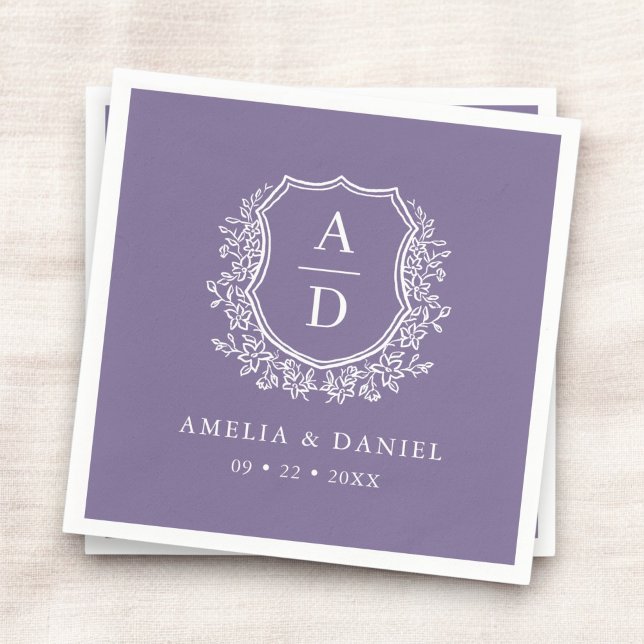 Floral Purple Crest Wedding Monogram Napkins (Creator Uploaded)