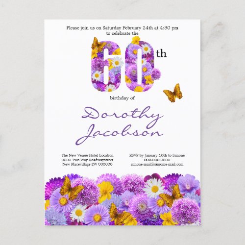 Floral purple flowers butterflies 60th Birthday  Postcard