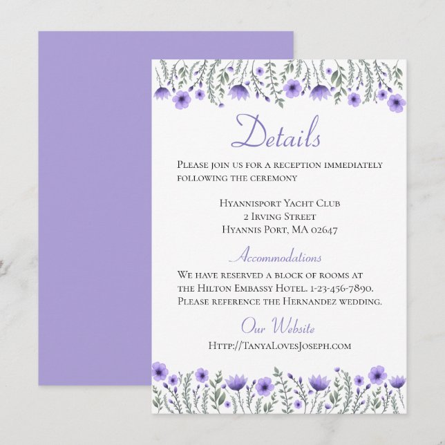 Floral Purple Flowers  Details Directions Wedding Invitation (Front/Back)