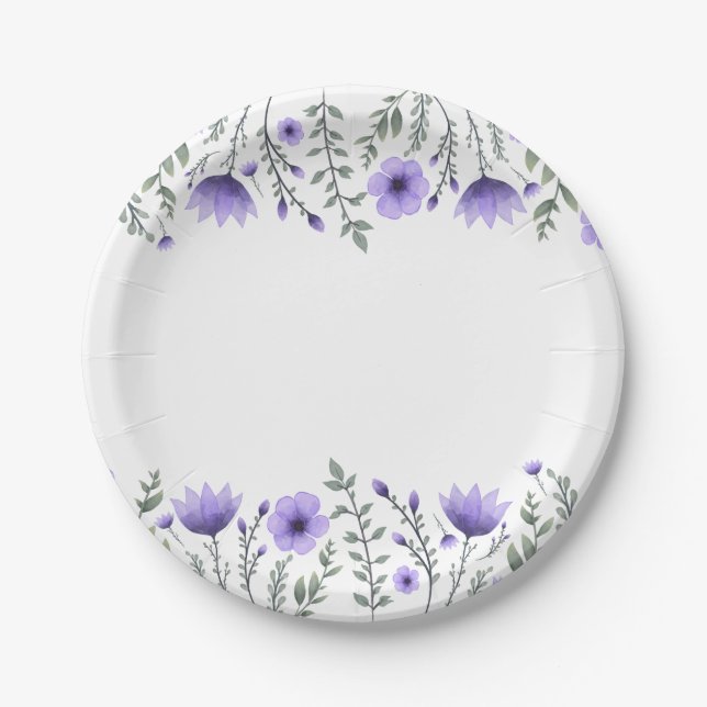 Floral  Purple Flowers Wedding Party Paper Plates (Front)