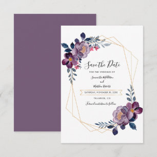 Floral Purple Geometric Script Save the Date Note Card