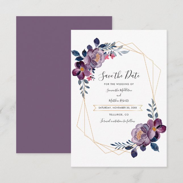 Floral Purple Geometric Script Save the Date Note Card (Front/Back)