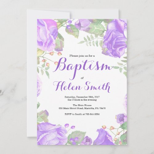 Floral Purple Girl Baptism Invitation
