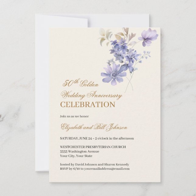 Floral Purple Gold 50th Wedding Anniversary Invitation (Front)
