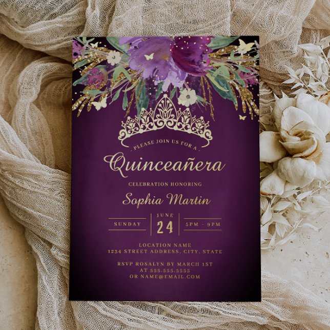 Floral Purple Gold Amethyst Quinceanera  Foil Invitation (Creator Uploaded)