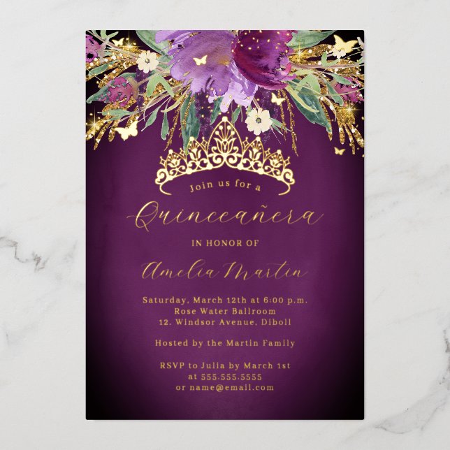 Floral Purple Gold Amethyst Quinceanera Foil Invitation (Front)