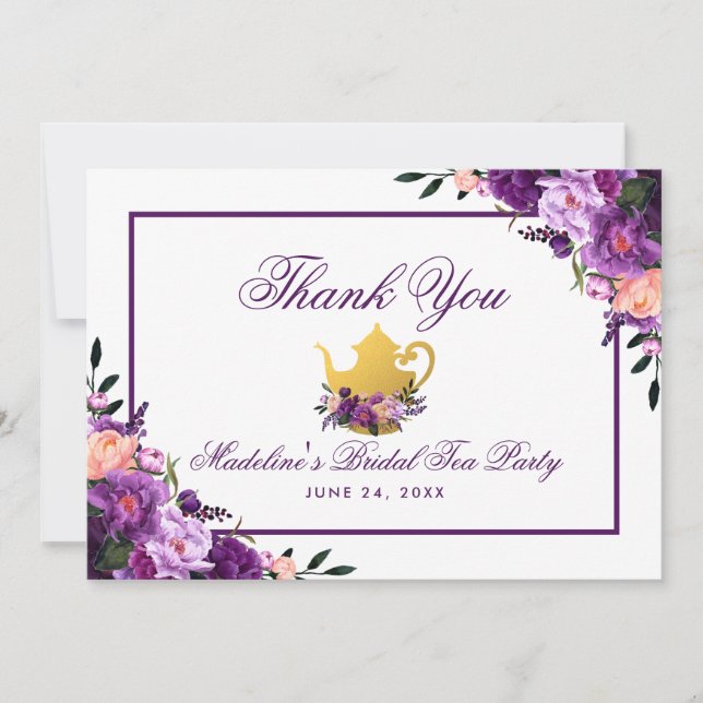 Floral Purple Gold Bridal Tea Party Thank You Card (Front)