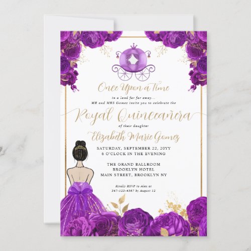 Floral Purple Gold Cinderella Royal Quinceanera Invitation