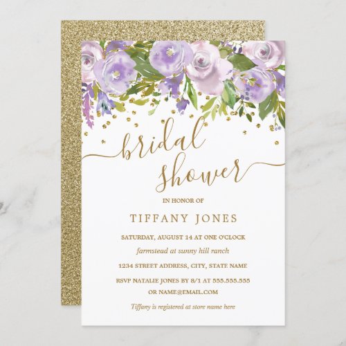 Floral Purple Gold Confetti Bridal Shower Invitation