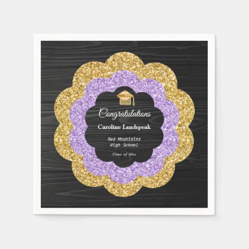 Floral Purple  Gold Glitter Graduation Party Napkins