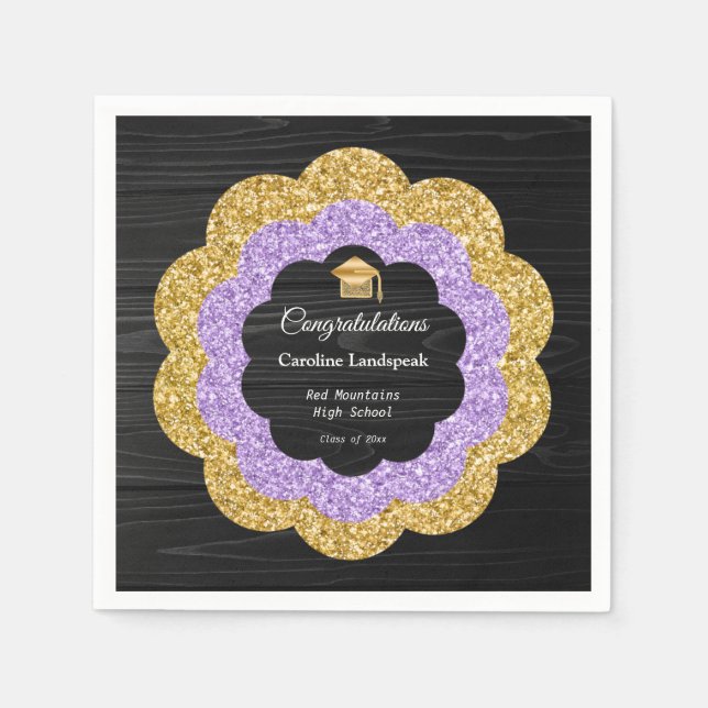 Floral Purple & Gold Glitter Graduation Party Napkins (Front)