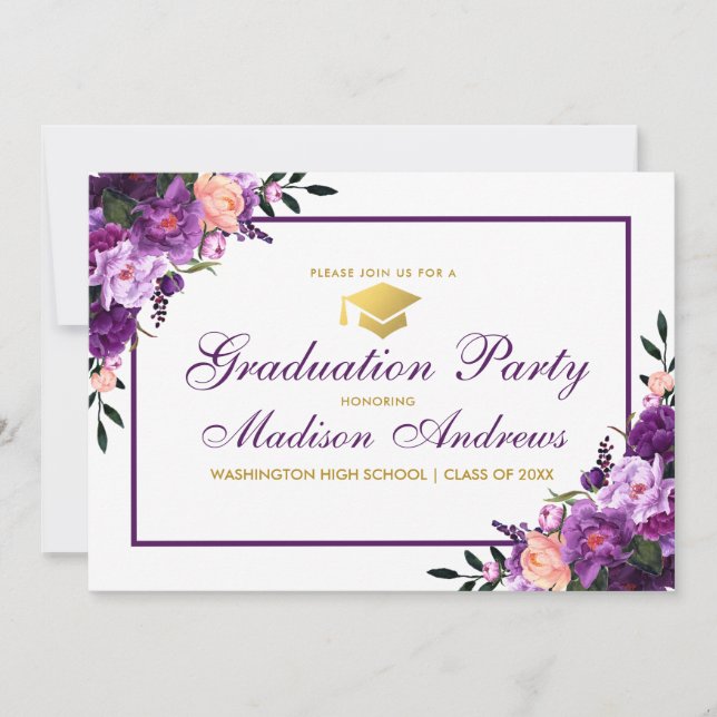 Floral Purple Gold Graduation Party Invite (Front)