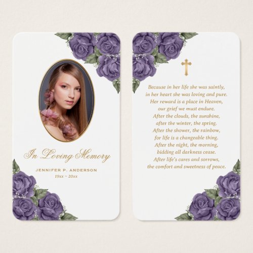 Floral Purple Gold Memorial Funeral Prayer Card